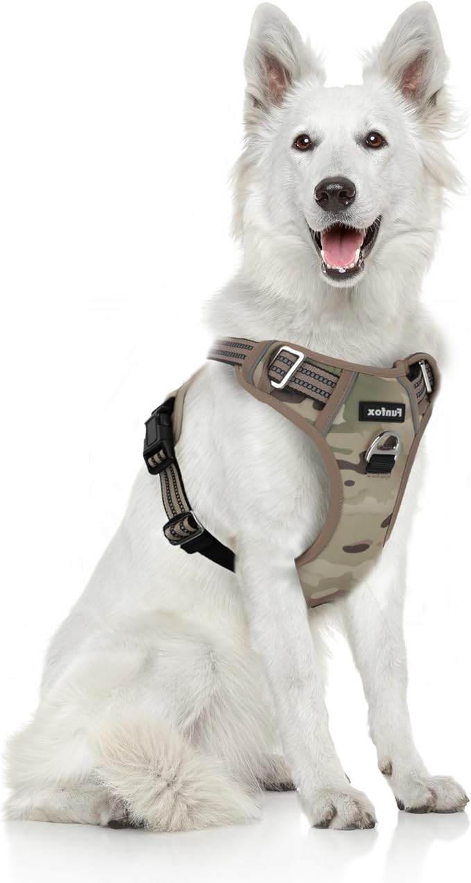 Funfox Dog Harness No Pull, Adjustable Pet Vest Harness, Super Soft Material with Vertical Handle Easy Control, Reflective Night Walking, 2 Leash Clips for XLarge Dogs, Camo Brown, XL