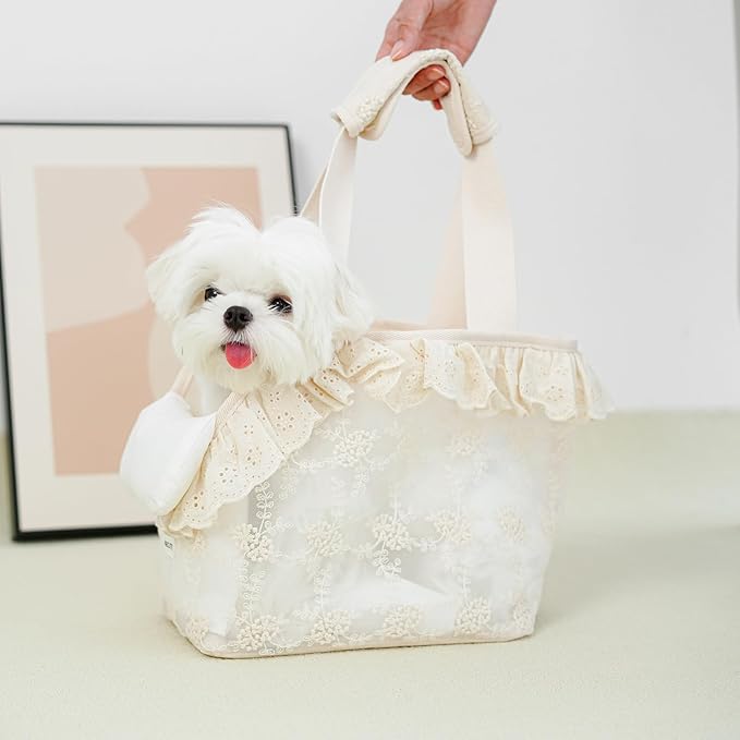 Dog Carrier for Small Dogs Rabbit cat with Lace Design, Cotton Bag, Dog Carrier Soft Sided, Collapsible Travel Puppy Carrier (Beige, 13" L x 6.7" W x 10.6" H)