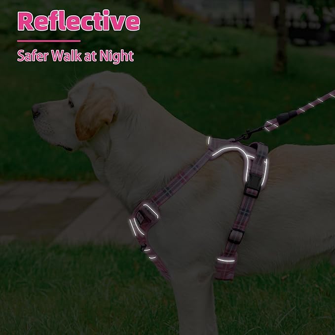 PUPTECK No Pull Dog Harness for Large, Adjustable Reflective Dog Harness with Handle Easy Control, Comfortable Soft Padded Pet Vest Harness for Large Dogs, Plaid Pink L