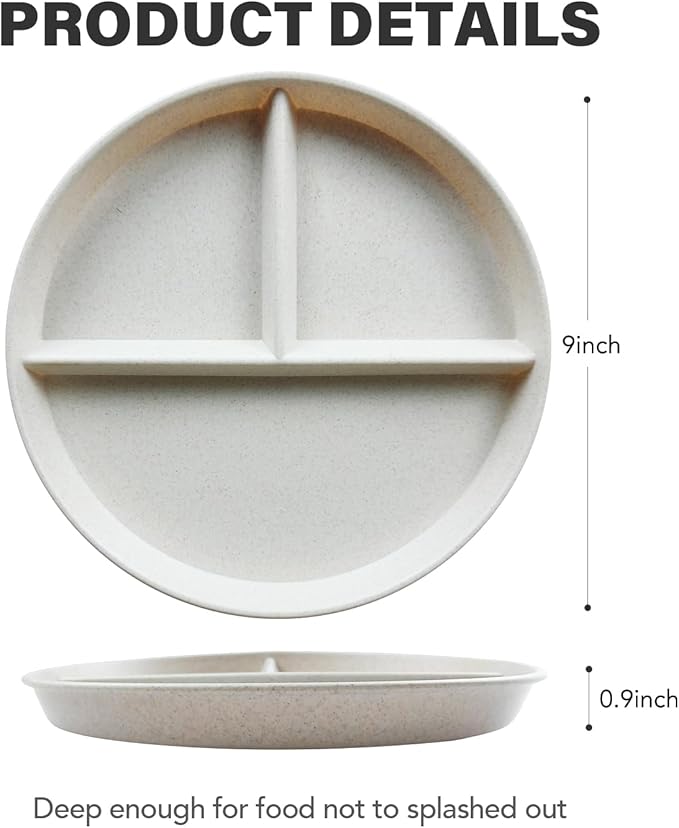 greenandlife 9 Inch 4PCS Unbreakable Portion Control Plates, Divided Plates for Kids Adults, Dishwasher & Microwave Safe Compartment Plate, Lightweight Reusable Wheat Straw Plate, BPA Free
