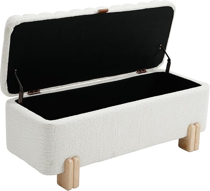 Kmax 45" Storage Bench Faux Fur Entryway Bench Upholstered Ottoman Bench with Wavy Top & Safty Hinge for Bedroom Living Room Hallway, White