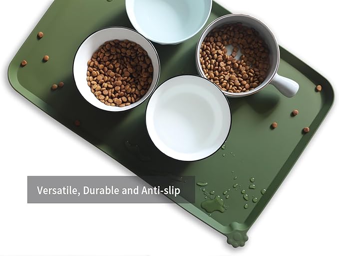 Hoki Found L Silicone Non Slip Pet Dog Cat Bowl Mats - Waterproof Dog Cat Food Mats - Dark Olive