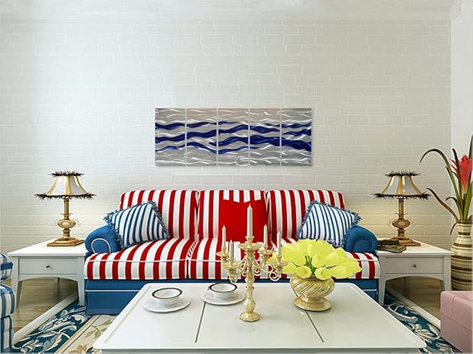 SYGALLERIER Abstract Coastal Metal Wall Art Handcrafted Big 3D Blue and Silver Artwork Modern Sea Waves Pictures Contemporary Sculpture for Living Room Bedroom Bathroom Decor