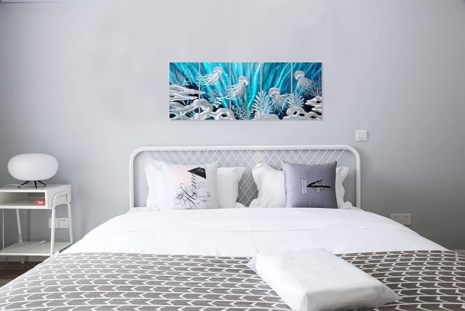 SYGALLERIER Jelly Fish Large Metal Wall Art Hand Grind Aluminum Artwork 3D Undersea World Coastal Pictures Nautical Decor for Living Room Bedroom