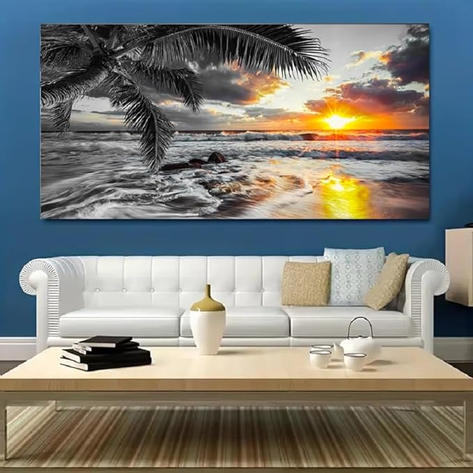 Yxbhhym-Black and White Wall Art Beach Décor Large Ocean Canvas Pictures Wave Sunrise Seascape Print Painting Palm Poster Sea Artwork for Office Wall Art Bedroom Accessories Living Room Décor
