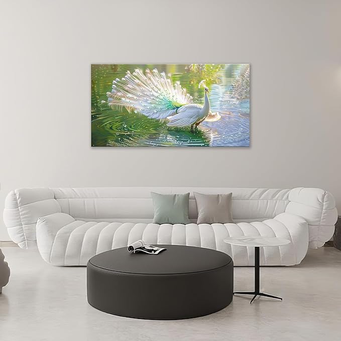 Large White Peacock Wall Art for Living Room Lake Colorful Peacock in Full Bloom Art Big Space Size Framed Bird Canvas Prints Pictures Painting Artwork Office Bedroom Home Decor 60"x30"