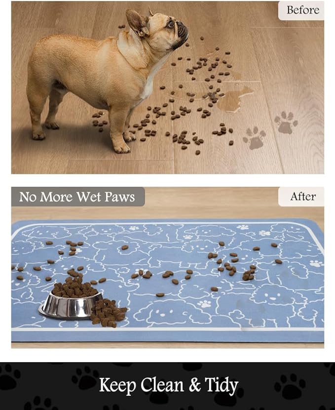 Pet Feeding Mat-Absorbent Dog Mat for Food and Water Bowl-No Stains Quick Dry Water Dispenser Mat-Dog Accessories Pet Supplies-Bowl for Messy Drinkers(BLUEDOGS,17"x34"