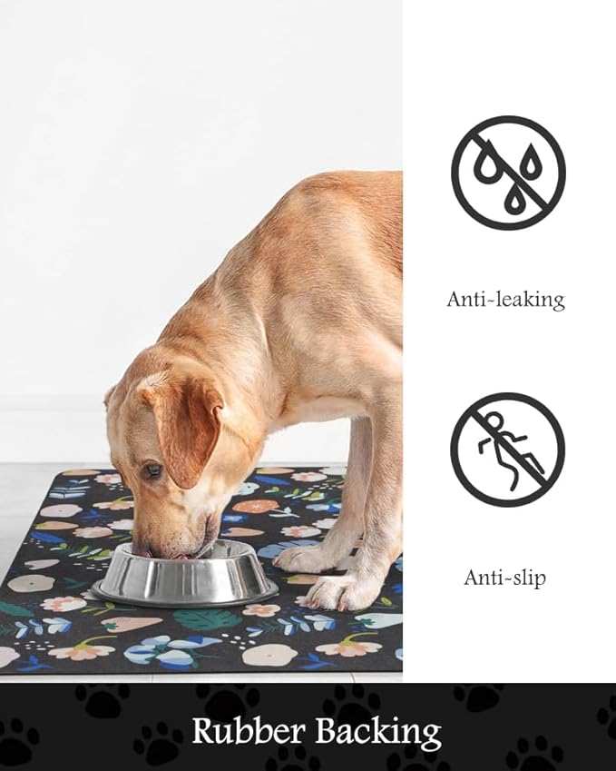 Pet Feeding Mat-Absorbent Dog Mat for Food and Water Bowl-No Stains Quick Dry Water Dispenser Mat-Dog Accessories Pet Supplies-Bowl for Messy Drinkers(DARKFLOWERS,16"x24"