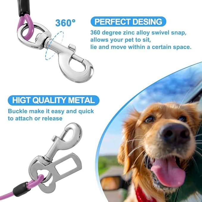 Dog Seat Belt Harness for Car,Dog Seatbelt of Coated Wire Leash Safety Restraint,No Chew Tether Cable Vehicle,Double Clips & Latch (Purple, 24 inch/60 CM)