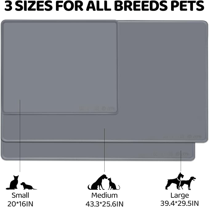 KVK Dog Water Mat 2-Pack 20×16in - Silicone Dog Mats for Food and Water, Non-Slip Pet Feeding Mat for Floors, Waterproof Cat Bowl Mats to Prevent Spills -Dark Gray & Silver Gray