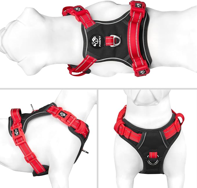 PHOEPET No Pull Dog Harness, Unique Colors Reflective Adjustable Dog Vest, with Soft Training Handle Metal Clips for Small Medium Large Dogs (Black Base & Red Straps,L)