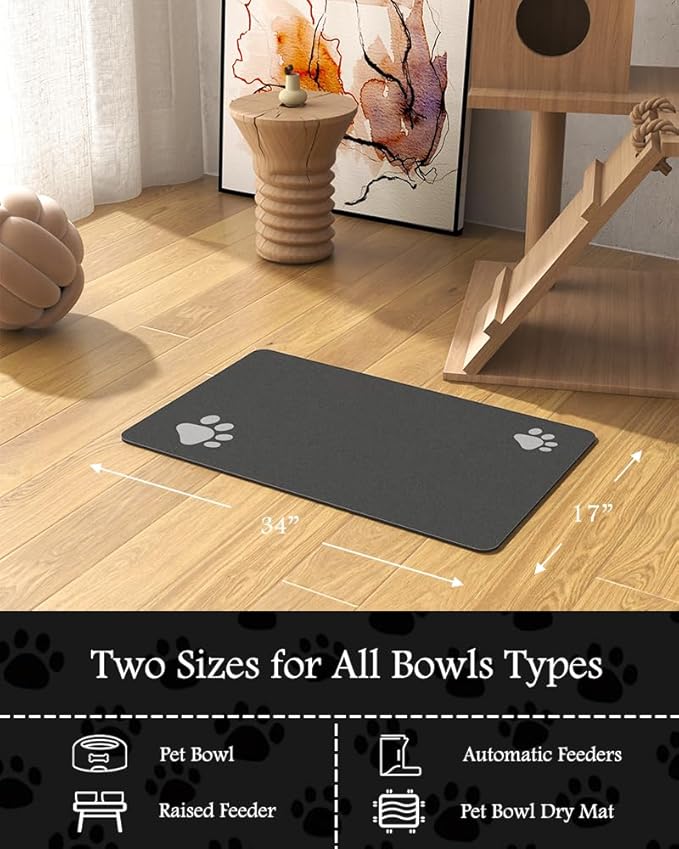 Pet Feeding Mat-Absorbent Dog Mat for Food and Water Bowl-No Stains Quick Dry Water Dispenser Mat-Dog Accessories Pet Supplies-Bowl for Messy Drinkers(Darkgrey,17"x34"