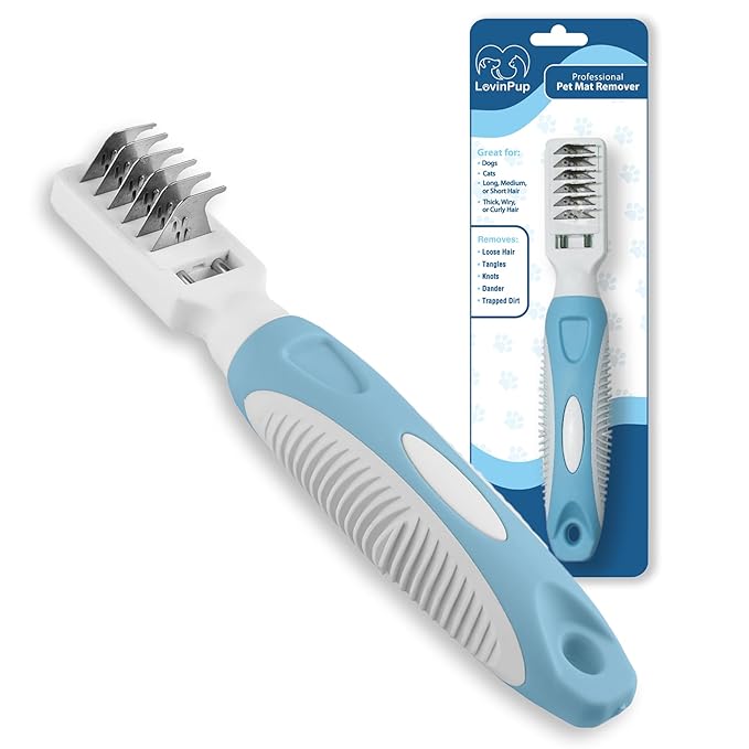 Pet Mat Remover Easily removes Mats Professionally from your DOGS & CATS and Straightens Tuft & Knotted Pet hair. Extremely Gentle on pets, works on Sensitive Skin too! Blue