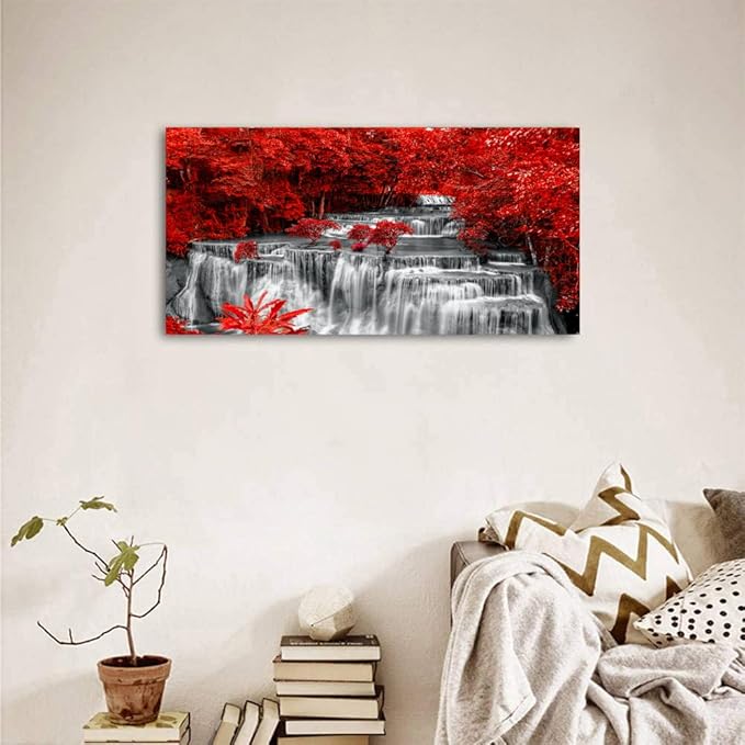 Yxbhhym Large Black and White Decor Waterfall Canvas Wall Art Red Tree Wall Decor Landscape Prints Posters Forest Scenery Paintings for Wall Decoration Bedroom Living Room Décor- Framed Wall Art