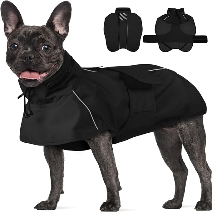 Large Dog Raincoat, Reflective Waterproof Rain Jacket with Convertible Hood/Collar, Lightweight Adjustable Dog Poncho with Leash Hole Full Coverage (Black, L)