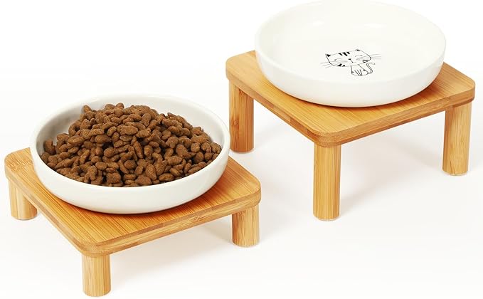 Elevated Cat Bowls for Indoor Cats – Raised Bamboo Cat Bowl Stand with 5.75 Inch Wide Ceramic Dishes, Pet Food Plate Table for Easy Feeding, Whisker Friendly (White,Set of 2)