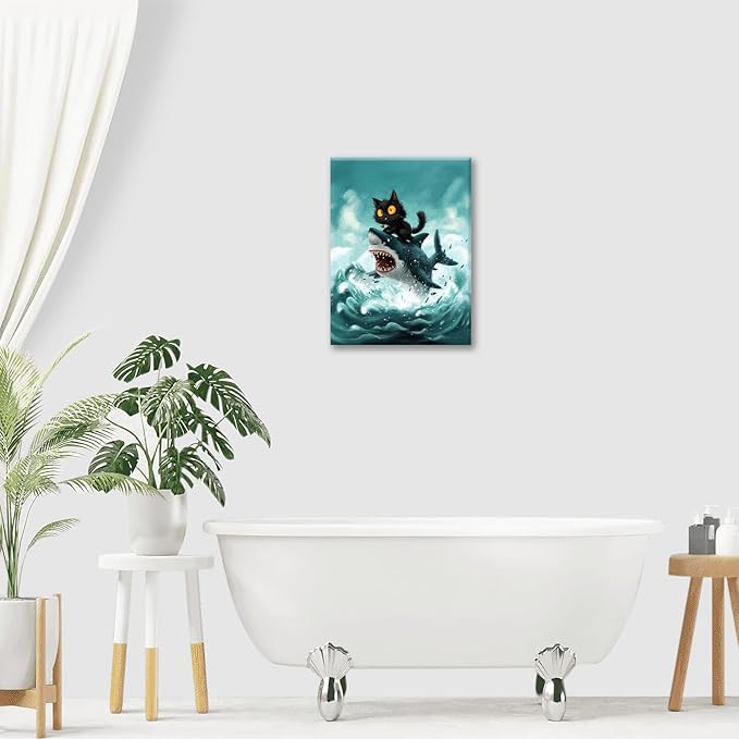 Funny Black Cat Bathroom Wall Art Cute Cat Riding Shark Canvas Wall Decor Animal Kitten Pictures Painting Print Artwork Framed Decorations Gifts for Cat Lover Kids Room Bedroom 24"x20"