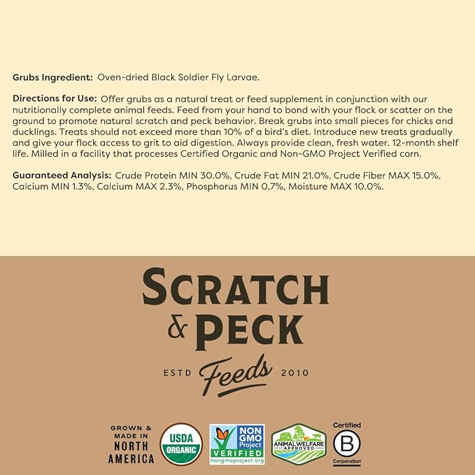 Scratch and Peck Feeds Cluckin' Good Grubs for Chickens - Natural Protein and Calcium Supplement Feed - Dried Black Soldier Fly Larvae Bird Treats - Grown in The USA (8 Pound)