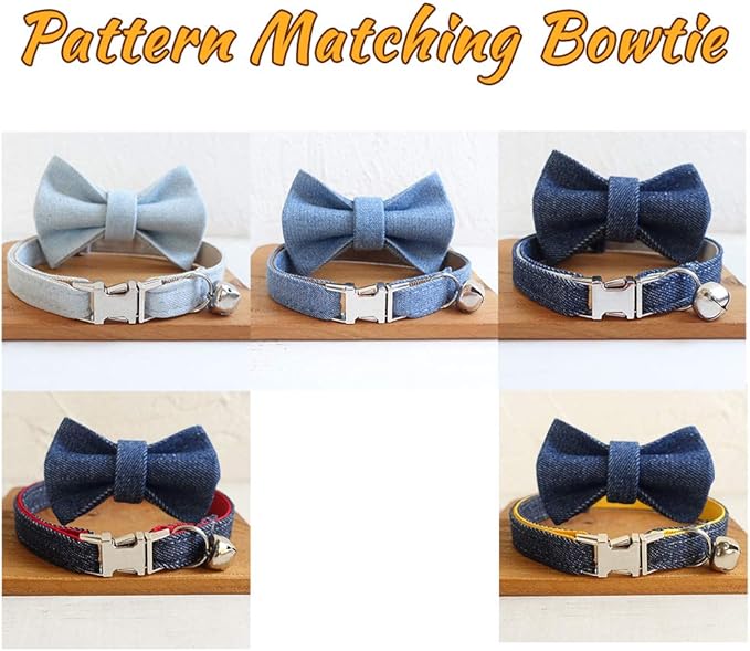 Personalized Cat Collar with Name Plate,Adjustable Tough Nylon Cat ID Collars with Bell,Customize Engraved Pet Name and Phone Number (Jean Style)