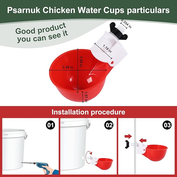 Chicken Waterer Cups (8 Pack/Red) - DIY Automatic Large Chicken Water Feeder for Ducks,Chicks, Turkeys, Quail, Bunny, Bird and Other Various Poultry Dispenser with Matching Drill