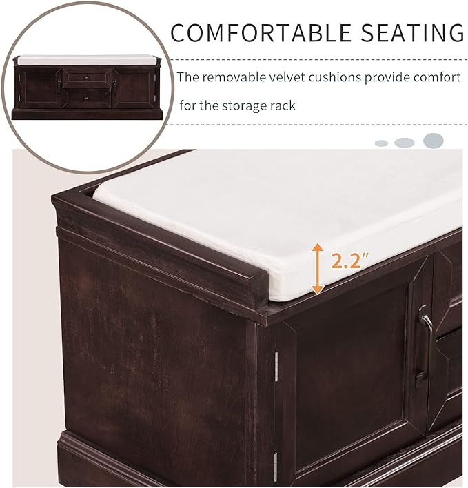 Storage Bench with 2 Drawers and 2 Cabinets, Pine Wood Pine Wood Shoe Bench with Removable Cushion for Living Room, Entryway 42.5" L x 15.9" W x 17.5" H (Espresso)
