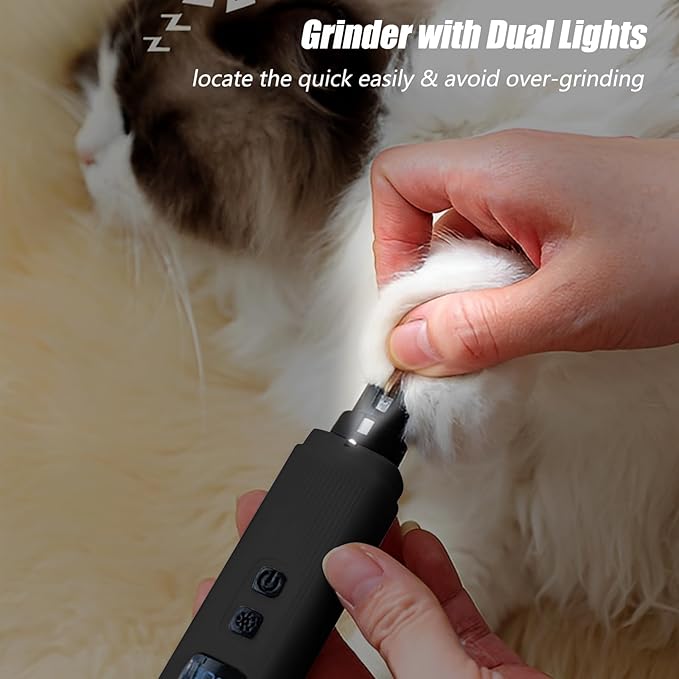 Dog Nail Grinder - 2 Speed Super Quiet and Low Vibration Electric Pet Nail Grinder - Rechargeable Dog Nail Trimmers for Small Dogs- Cat Nail Claw Clippers with 2 Level LED Lighting(Black)