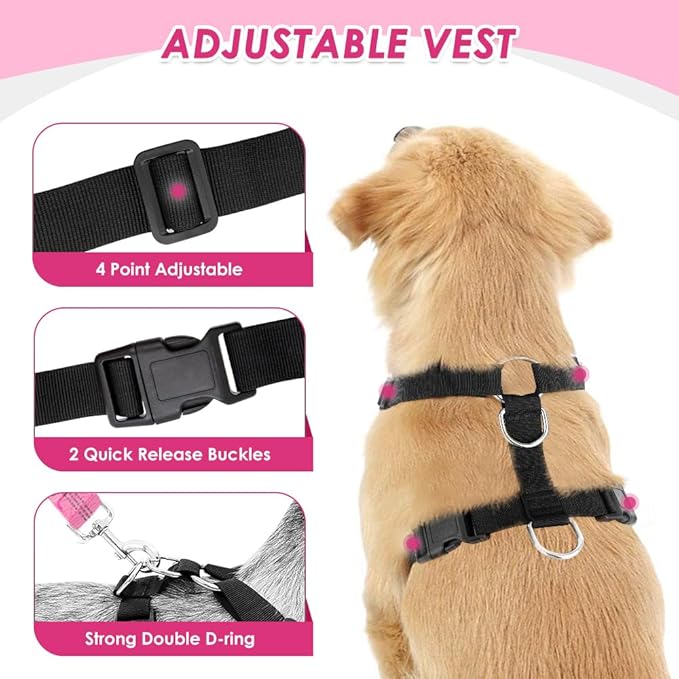 Lukovee Dog Seat Belt for Car, Adjustable Dog Car Harness for Large Medium Small Dogs, Soft Padded & Breathable Mesh Dog Seatbelt with Car Strap and Carabiner(Pink Double Clip,Large)