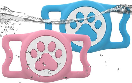 IP68 Waterpoof Dog Airtag Holder, Stretchy Silicone Full Body Covered Apple Air Tag Holder for Dog Cat Collar Fit All Width Collar (Blue/Pink, 2 Pack)