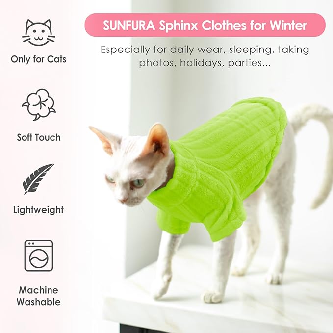 SUNFURA Sweaters for Cats, Hairless Sphynx Sweater Kitten Pullover with Sleeves, Warm and Soft Cat Pajamas Fleece Sweatshirt Jumpsuit, Turtleneck Clothes for Fall Winter, Green S