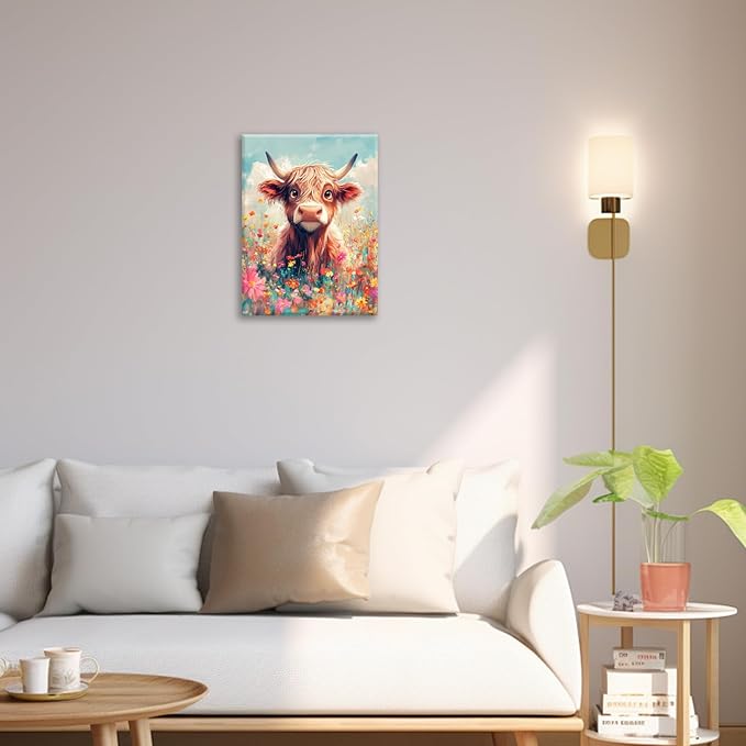 Highland Cow Wall Art Canvas Flower Cattle Wall Decor Prints Framed Painting Animal Pictures Gifts Artwork for Bathroom Living Dining Kitchen 12"x16"