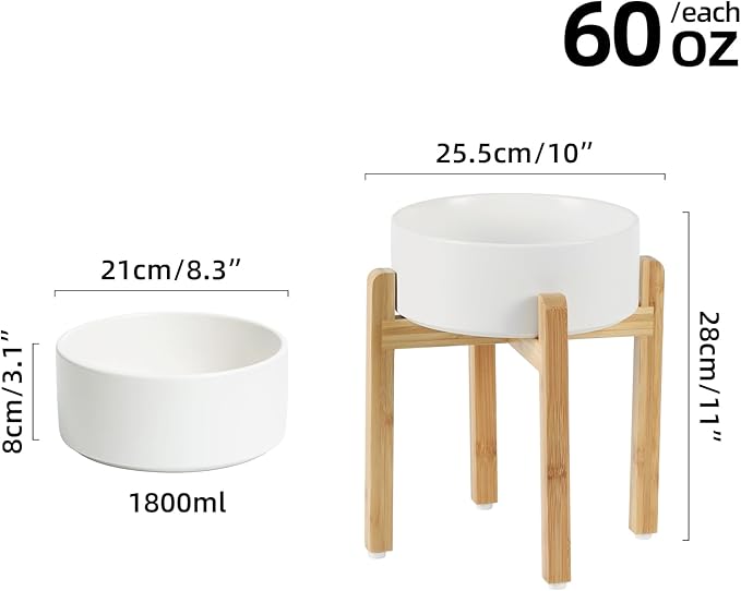 Ceramic Elevated Dog Bowl Set - Large Breed Dog Food and Water Bowl, Weighted Dishes (8.2'', 60OZ, White)