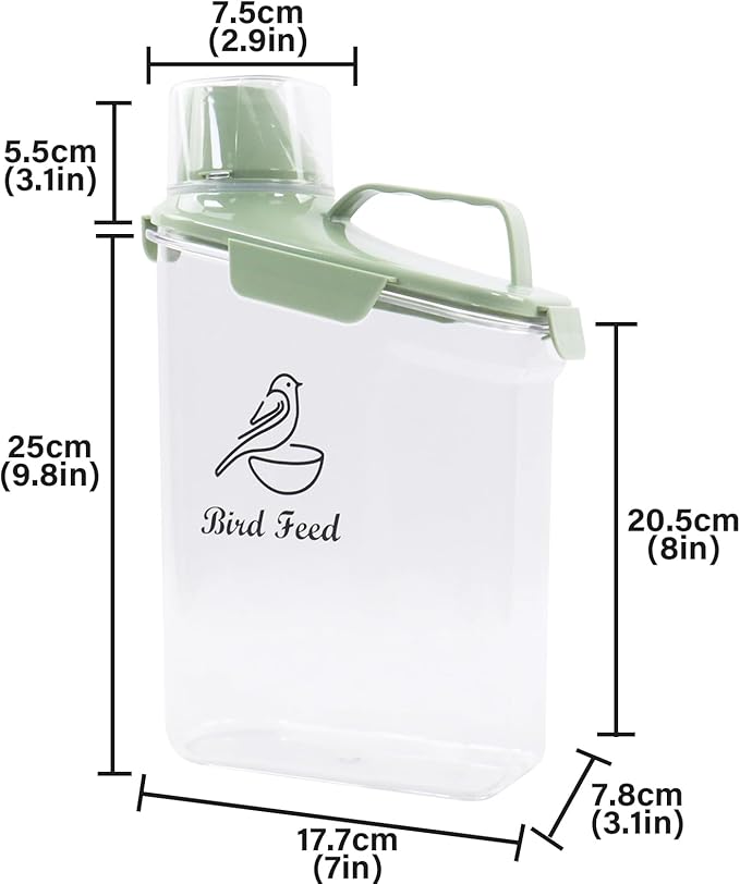 2.8L Airtight Bird Seed Storage Container With Handle and Measuring Cup - Portable Pet Food for Wild Bird Sunflower Seed - BPA Free Transparent/Green