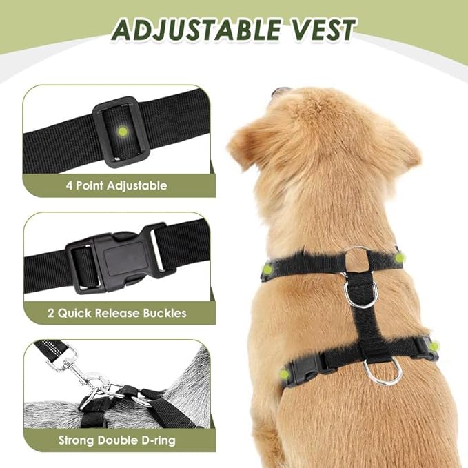 SlowTon Dog Seat Belt Harness for Car, Dog Car Harness Adjustable Mesh Breathable & Dog Seatbelt Safety Tether with Elastic Bungee for Small Medium Large Pets(Green, Double Clip, S)
