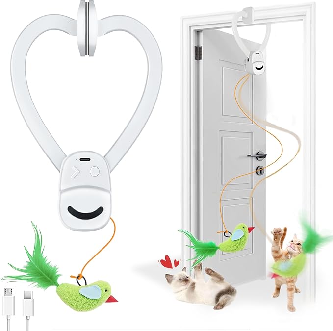 Interactive Cat Toys for Indoor Cats Automatic Electric Flying Bird Feather Wand Toy - Best Kitten & Adult Cat Enrichment Stimulation Toy Hanging Electric Kitty Toys for Bored Cats(White)