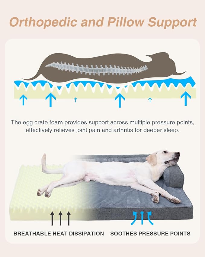 KSIIA Orthopedic Dog Bed for Extra Large Dog,Washable Pet Sofa with U-Shaped Bolster Removable Waterproof Cover Non-Slip Bottom and Egg-Crate Orthopedic Foam Pet Couch Bed, 47 x 32 Inch, Dark Gray