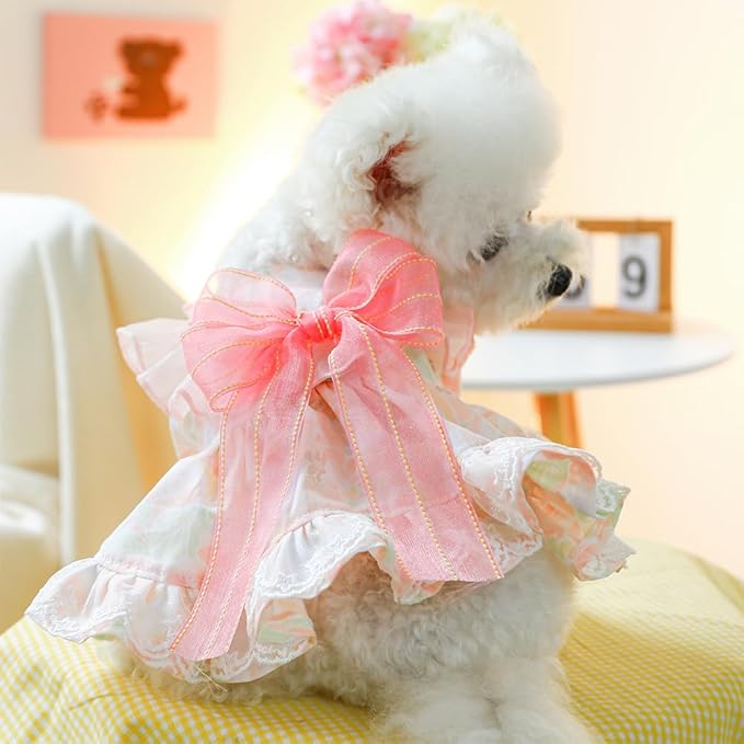 Pink Dog Dress for Small Dog Girl Spring Puppy Clothes with Bow Puff Sleeves Cat Outfit Doggy Princess with Leash Ring Doggies Harness Dress Summer Pet Apparel (Pink, X-Small)