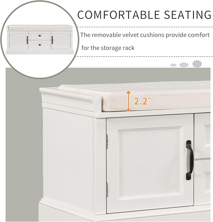 Storage Bench with 2 Drawers and 2 Cabinets, Pine Wood Shoe Bench with Removable Cushion for Living Room, Entryway 42.5" L x 15.9" W x 17.5" H (White)