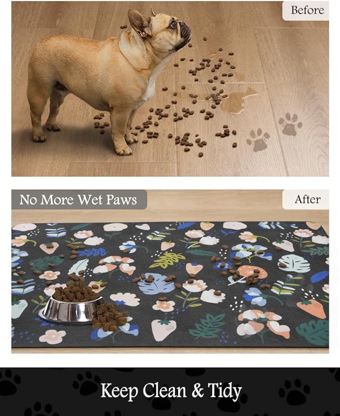Pet Feeding Mat-Absorbent Dog Mat for Food and Water Bowl-No Stains Quick Dry Water Dispenser Mat-Dog Accessories Pet Supplies-Bowl for Messy Drinkers(DARKFLOWERS,12"x19"