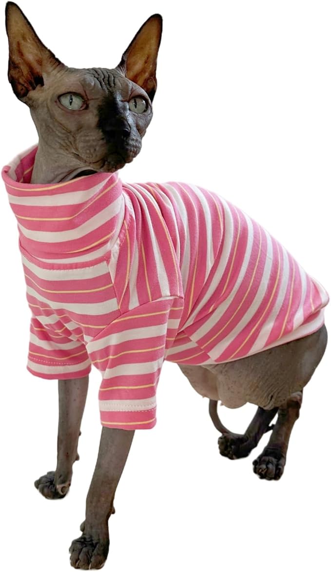 Vintage Stripes Sphynx Hairless Cats Shirt Cotton Cat Turtleneck Pet Clothes Kitten T-Shirts with Sleeves for Sphynx Cats (Sakura, XX-Large)
