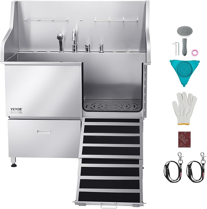 VEVOR Professional 304 Stainless Steel Dog Bathing Station, 50 inch Pet Grooming Tub w/Anti-Slip ramp, Storage Drawer, Cold Hot Faucet Showerhead, for Large & Medium & Small (Right Door, with Drawer)