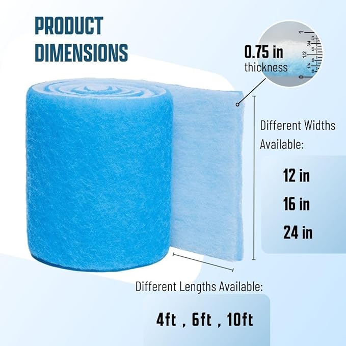 Premium Aquarium Filter Media Pad - Cut-to-Fit Roll, Fresh and Saltwater Safe, Blue & Dye-Free Options, Made in USA (Blue Bonded, 12"x120" (10 ft) x0.75)