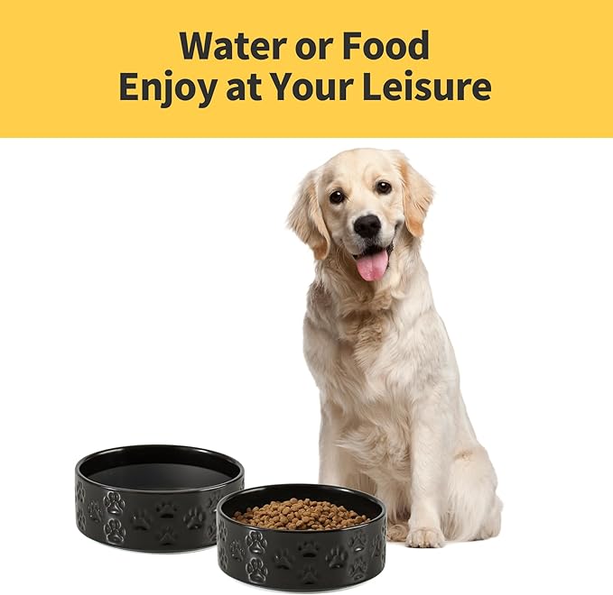 Ceramic Dog Bowl Set, 8" Food and Water Bowls with Anti-Slip Rings for Large Breed Dogs, 7.5 Cup Pet Dishes for Large-Sized Dogs, Dishwasher Safe (Double Bowls - Black, 8 inch)
