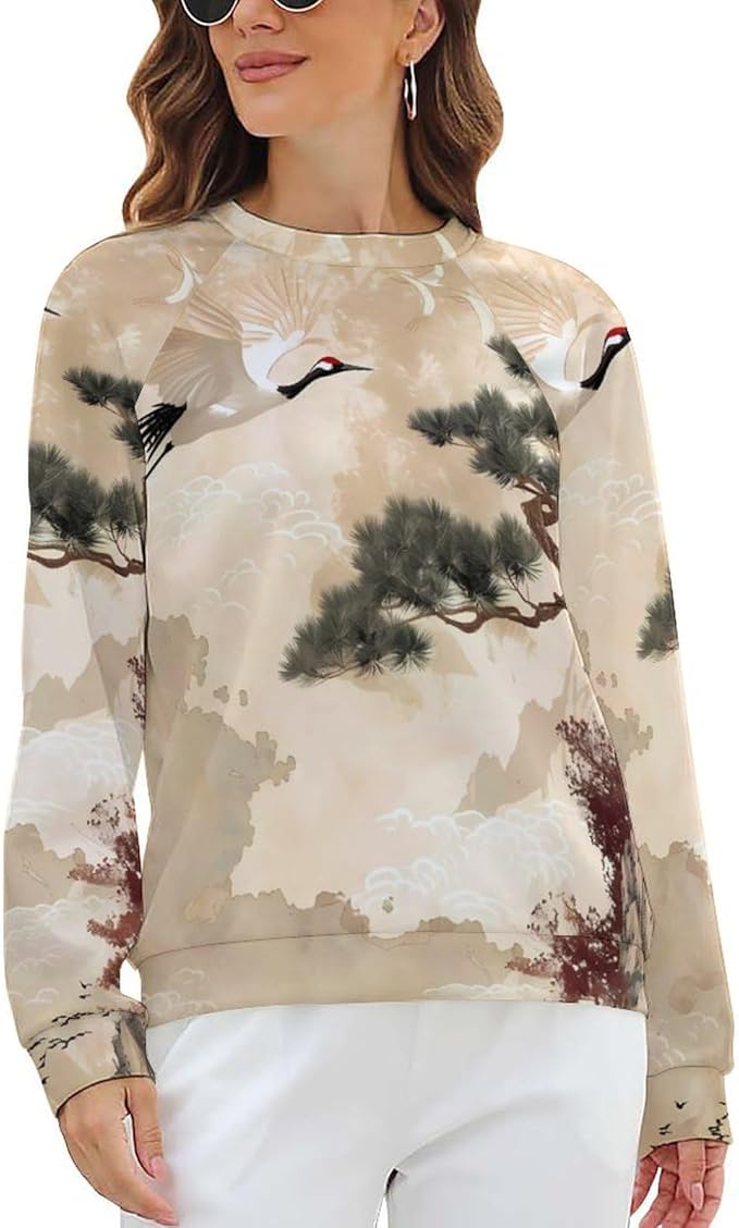 Womens Long Sleeve Tops Y2k Japanese Art Print Sweatshirts Fall Pullover for Women Crewneck Vintage Shirts Boho Tops