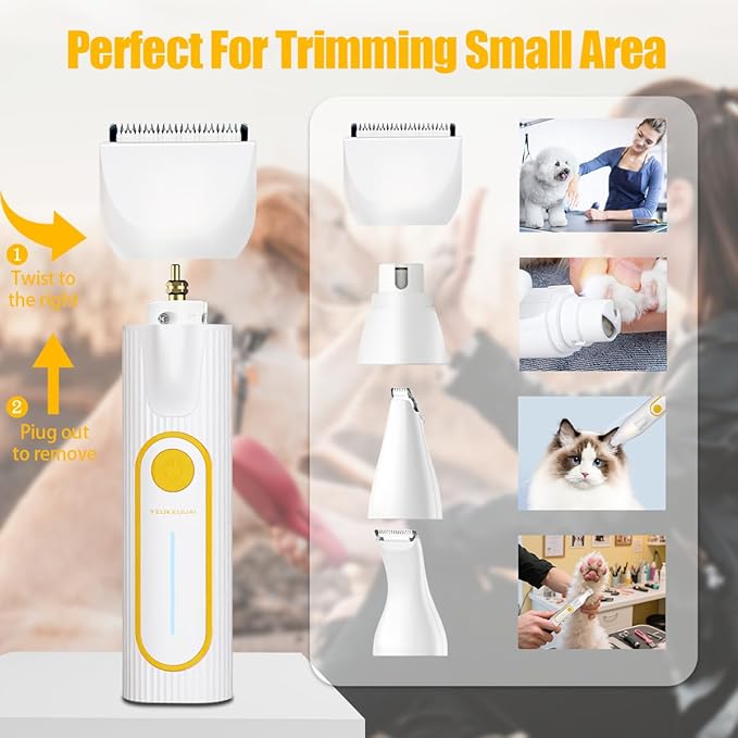Dog Clippers Grooming Kit, 4-in-1 Electric Cordless Low-Noise Dog Paw Trimmer, Shave, Nail Trimmer and Nail Grinder Suitable for Small and Medium-Sized Pet (White)