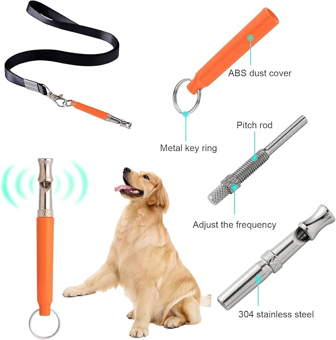 3 PCS Dog Whistles Set, Adjustable Recall Dog Training Whistle Silent Dog Whistle to Stop Barking with Lanyard,Dog Clicker(Orange)
