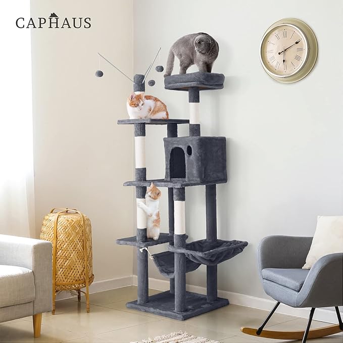 CAPHAUS Tall Climbing Modern Indoor Play Tower for Large Cats Kittens, 70-Inch with Top Perch, Cat Cave Condo, Cat Tree w Hammock, Multi-Level Cat Activity Tree w Cute Scratching Posts