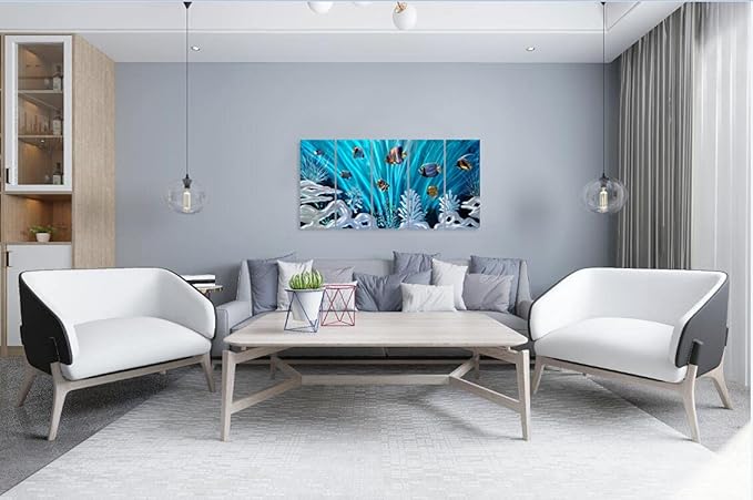 SYGALLERIER Fish Metal Wall Art Hand Crafted Large 3D Sea Life Pictures Modern Abstract Coastal Aluminum Artwork Contemporary Sculpture for Living Room Bedroom Dinning Decor