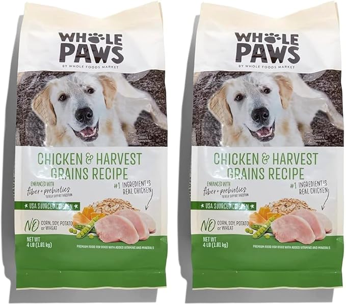 Whole Paws, Dry Dog Food, Chicken & Harvest Grains Recipe, Enhanced with Fiber & Prebiotics, 4 lb (Pack of 2)