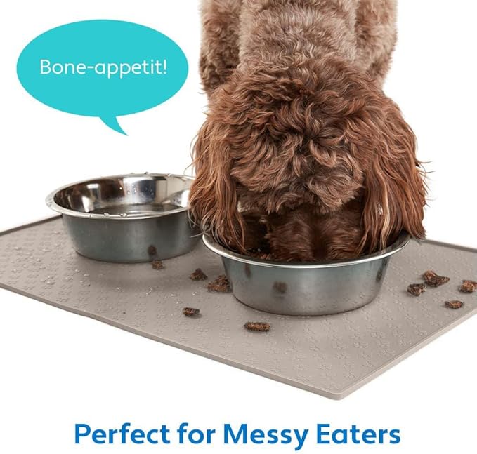 MIGHTY MONKEY 100% Waterproof Dog Food Mat, Raised Edges Silicone Pet Feeding Placemat for Cat, Dogs, Pet Bowls, High Lipped Tray Prevents Water Spills, Food on Floor, Dishwasher Safe, 18x12, Beige