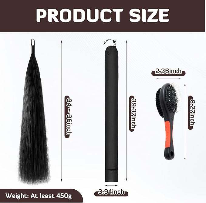 Zeyune 3 Pcs Horse Tail Extensions Set with Braided Horsehair Loop Include Ponytail Comb and Storage Bag, Natural Black for Equestrian Competitions, Horse Shows, Daily Grooming(34-36inch,1 lb)